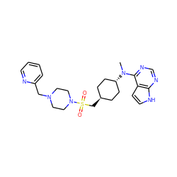 CN(c1ncnc2[nH]ccc12)[C@H]1CC[C@H](CS(=O)(=O)N2CCN(Cc3ccccn3)CC2)CC1 ZINC000261151639