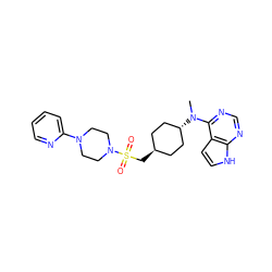 CN(c1ncnc2[nH]ccc12)[C@H]1CC[C@H](CS(=O)(=O)N2CCN(c3ccccn3)CC2)CC1 ZINC000261153471