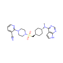 CN(c1ncnc2[nH]ccc12)[C@H]1CC[C@H](CS(=O)(=O)N2CCN(c3ncccc3C#N)CC2)CC1 ZINC000261150478