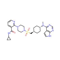 CN(c1ncnc2[nH]ccc12)[C@H]1CC[C@H](CS(=O)(=O)N2CCN(c3ncccc3C(=O)NC3CC3)CC2)CC1 ZINC000261145015