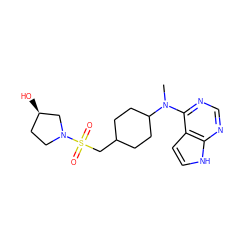 CN(c1ncnc2[nH]ccc12)C1CCC(CS(=O)(=O)N2CC[C@@H](O)C2)CC1 ZINC000141957257