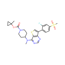 CN(c1ncnc2c(-c3ccc(S(C)(=O)=O)cc3F)csc12)C1CCN(C(=O)OC2(C)CC2)CC1 ZINC000205468770