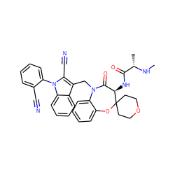 CN[C@@H](C)C(=O)N[C@@H]1C(=O)N(Cc2c(C#N)n(-c3ccccc3C#N)c3ccccc23)c2ccccc2OC12CCOCC2 ZINC000096285020