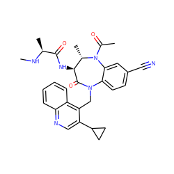 CN[C@@H](C)C(=O)N[C@@H]1C(=O)N(Cc2c(C3CC3)cnc3ccccc23)c2ccc(C#N)cc2N(C(C)=O)[C@H]1C ZINC000210474308