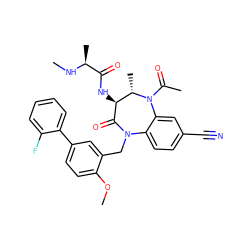 CN[C@@H](C)C(=O)N[C@@H]1C(=O)N(Cc2cc(-c3ccccc3F)ccc2OC)c2ccc(C#N)cc2N(C(C)=O)[C@H]1C ZINC000210474355