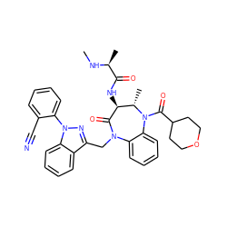 CN[C@@H](C)C(=O)N[C@@H]1C(=O)N(Cc2nn(-c3ccccc3C#N)c3ccccc23)c2ccccc2N(C(=O)C2CCOCC2)[C@H]1C ZINC000222343281