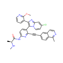 CN[C@@H](C)C(=O)Nc1ccc(-c2c(-c3cccnc3OC)nc3cc(Cl)ccn23)c(C#Cc2ccc3c(C)nccc3c2)n1 ZINC001772592536