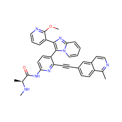 CN[C@@H](C)C(=O)Nc1ccc(-c2c(-c3cccnc3OC)nc3ccccn23)c(C#Cc2ccc3c(C)nccc3c2)n1 ZINC001772636652