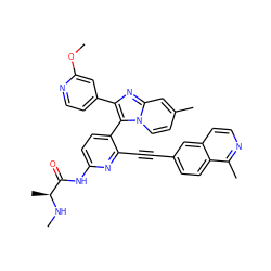 CN[C@@H](C)C(=O)Nc1ccc(-c2c(-c3ccnc(OC)c3)nc3cc(C)ccn23)c(C#Cc2ccc3c(C)nccc3c2)n1 ZINC001772588324