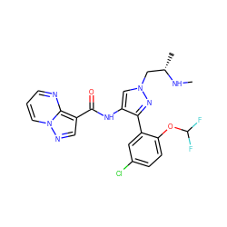 CN[C@@H](C)Cn1cc(NC(=O)c2cnn3cccnc23)c(-c2cc(Cl)ccc2OC(F)F)n1 ZINC001772636702