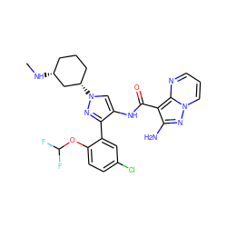 CN[C@@H]1CCC[C@H](n2cc(NC(=O)c3c(N)nn4cccnc34)c(-c3cc(Cl)ccc3OC(F)F)n2)C1 ZINC001772627898