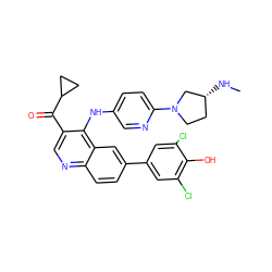 CN[C@@H]1CCN(c2ccc(Nc3c(C(=O)C4CC4)cnc4ccc(-c5cc(Cl)c(O)c(Cl)c5)cc34)cn2)C1 ZINC000114035609