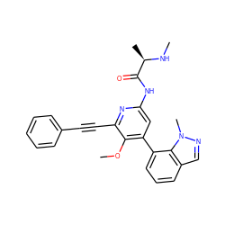 CN[C@H](C)C(=O)Nc1cc(-c2cccc3cnn(C)c23)c(OC)c(C#Cc2ccccc2)n1 ZINC001772589439