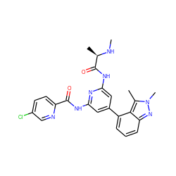 CN[C@H](C)C(=O)Nc1cc(-c2cccc3nn(C)c(C)c23)cc(NC(=O)c2ccc(Cl)cn2)n1 ZINC001772609103