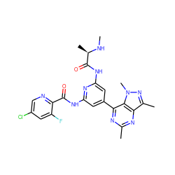 CN[C@H](C)C(=O)Nc1cc(-c2nc(C)nc3c(C)nn(C)c23)cc(NC(=O)c2ncc(Cl)cc2F)n1 ZINC001772598039