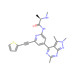 CN[C@H](C)C(=O)Nc1cc(-c2nc(C)nc3nn(C)c(C)c23)cc(C#Cc2cccs2)n1 ZINC000221553200