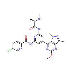 CN[C@H](C)C(=O)Nc1cc(-c2nc(OC)nc3c(C)nn(C)c23)cc(NC(=O)c2ccc(Cl)cn2)n1 ZINC001772629554