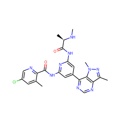 CN[C@H](C)C(=O)Nc1cc(-c2ncnc3c(C)nn(C)c23)cc(NC(=O)c2ncc(Cl)cc2C)n1 ZINC001772637750