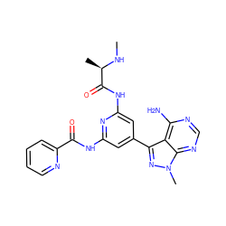 CN[C@H](C)C(=O)Nc1cc(-c2nn(C)c3ncnc(N)c23)cc(NC(=O)c2ccccn2)n1 ZINC001772643726