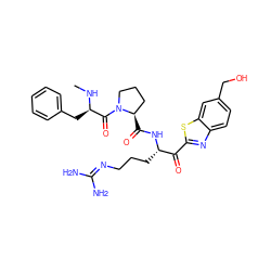 CN[C@H](Cc1ccccc1)C(=O)N1CCC[C@H]1C(=O)N[C@@H](CCCN=C(N)N)C(=O)c1nc2ccc(CO)cc2s1 ZINC000014954721