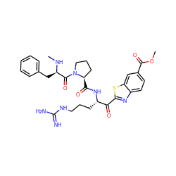 CN[C@H](Cc1ccccc1)C(=O)N1CCC[C@H]1C(=O)N[C@@H](CCCNC(=N)N)C(=O)c1nc2ccc(C(=O)OC)cc2s1 ZINC000014954738