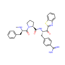 CN[C@H](Cc1ccccc1)C(=O)N1CCC[C@H]1C(=O)N[C@@H](Cc1ccc(C(=N)N)cc1)C(=O)c1nc2ccccc2s1 ZINC000014954544