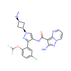 CN[C@H]1C[C@@H](n2cc(NC(=O)c3c(N)nn4cccnc34)c(-c3cc(Cl)ccc3OC(F)F)n2)C1 ZINC001772585051