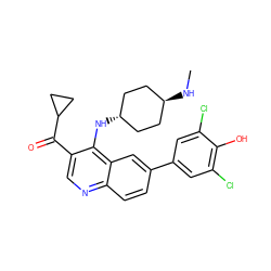 CN[C@H]1CC[C@H](Nc2c(C(=O)C3CC3)cnc3ccc(-c4cc(Cl)c(O)c(Cl)c4)cc23)CC1 ZINC000473215534