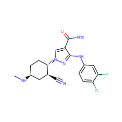 CN[C@H]1CC[C@H](n2cc(C(N)=O)c(Nc3ccc(Cl)c(F)c3)n2)[C@@H](C#N)C1 ZINC000221855872