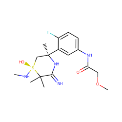 CN[S@]1(O)C[C@@](C)(c2cc(NC(=O)COC)ccc2F)NC(=N)C1(C)C ZINC001772622905