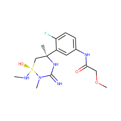 CN[S@]1(O)C[C@@](C)(c2cc(NC(=O)COC)ccc2F)NC(=N)N1C ZINC001772590114