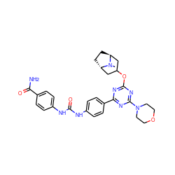 CN1[C@H]2CC[C@H]1CC(Oc1nc(-c3ccc(NC(=O)Nc4ccc(C(N)=O)cc4)cc3)nc(N3CCOCC3)n1)C2 ZINC000101429987