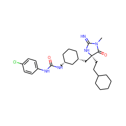 CN1C(=N)N[C@](CCC2CCCCC2)(C[C@H]2CCC[C@@H](NC(=O)Nc3ccc(Cl)cc3)C2)C1=O ZINC000169136647