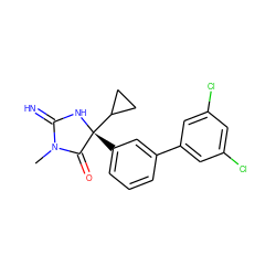 CN1C(=N)N[C@](c2cccc(-c3cc(Cl)cc(Cl)c3)c2)(C2CC2)C1=O ZINC000084601998