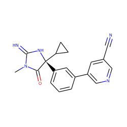 CN1C(=N)N[C@](c2cccc(-c3cncc(C#N)c3)c2)(C2CC2)C1=O ZINC000084616428