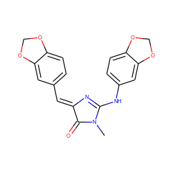 CN1C(=O)/C(=C/c2ccc3c(c2)OCO3)N=C1Nc1ccc2c(c1)OCO2 ZINC000072110441