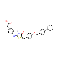 CN1C(=O)/C(=C\c2ccc(OCc3ccc(C4CCCCC4)cc3)cc2)S/C1=N/c1ccc(CC(=O)O)cc1 ZINC000299852426