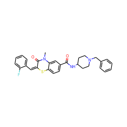 CN1C(=O)/C(=C\c2ccccc2F)Sc2ccc(C(=O)NC3CCN(Cc4ccccc4)CC3)cc21 ZINC000003588409