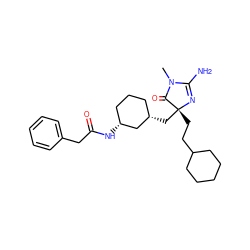 CN1C(=O)[C@@](CCC2CCCCC2)(C[C@H]2CCC[C@@H](NC(=O)Cc3ccccc3)C2)N=C1N ZINC000200286926