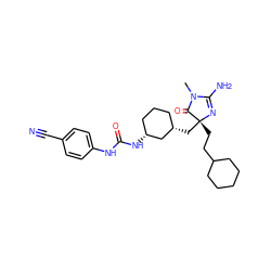 CN1C(=O)[C@@](CCC2CCCCC2)(C[C@H]2CCC[C@@H](NC(=O)Nc3ccc(C#N)cc3)C2)N=C1N ZINC000200287146