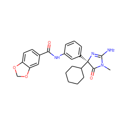 CN1C(=O)[C@@](c2cccc(NC(=O)c3ccc4c(c3)OCO4)c2)(C2CCCCC2)N=C1N ZINC000045384191