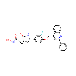 CN1C(=O)[C@@]2(C[C@H]1c1ccc(OCc3cc(-c4ccccc4)nc4ccccc34)c(F)c1)C[C@@H]2C(=O)NO ZINC000040394198