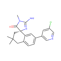 CN1C(=O)[C@@]2(CC(C)(C)Cc3ccc(-c4cncc(Cl)c4)cc32)N=C1N ZINC000095605865