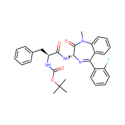 CN1C(=O)[C@@H](NC(=O)[C@H](Cc2ccccc2)NC(=O)OC(C)(C)C)N=C(c2ccccc2F)c2ccccc21 ZINC000026375705