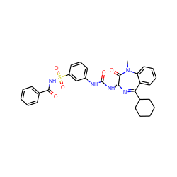 CN1C(=O)[C@@H](NC(=O)Nc2cccc(S(=O)(=O)NC(=O)c3ccccc3)c2)N=C(C2CCCCC2)c2ccccc21 ZINC000026387724