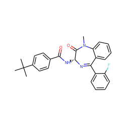 CN1C(=O)[C@@H](NC(=O)c2ccc(C(C)(C)C)cc2)N=C(c2ccccc2F)c2ccccc21 ZINC000013601641