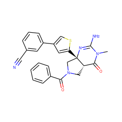 CN1C(=O)[C@@H]2CN(C(=O)c3ccccc3)C[C@]2(c2cc(-c3cccc(C#N)c3)cs2)N=C1N ZINC000034787145