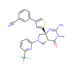 CN1C(=O)[C@@H]2CN(c3cccc(C(F)(F)F)n3)C[C@]2(c2cc(-c3cccc(C#N)c3)cs2)N=C1N ZINC000034787699