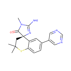 CN1C(=O)[C@]2(CC(C)(C)Sc3ccc(-c4cncnc4)cc32)N=C1N ZINC000095601217