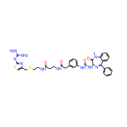 CN1C(=O)[C@H](NC(=O)Nc2cccc(CC(=O)NCCC(=O)NCCSCc3csc(N=C(N)N)n3)c2)N=C(c2ccccc2)c2ccccc21 ZINC000029213256